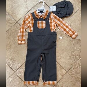 Tommy Bahama Orange Plaid Shirt with Gray Overalls and Hat